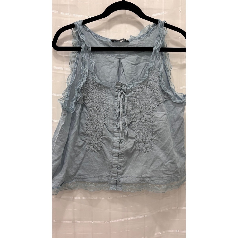 Emerson Lang Blue Baby Doll Lace Trim Crochet Cotton Tank Top Medium